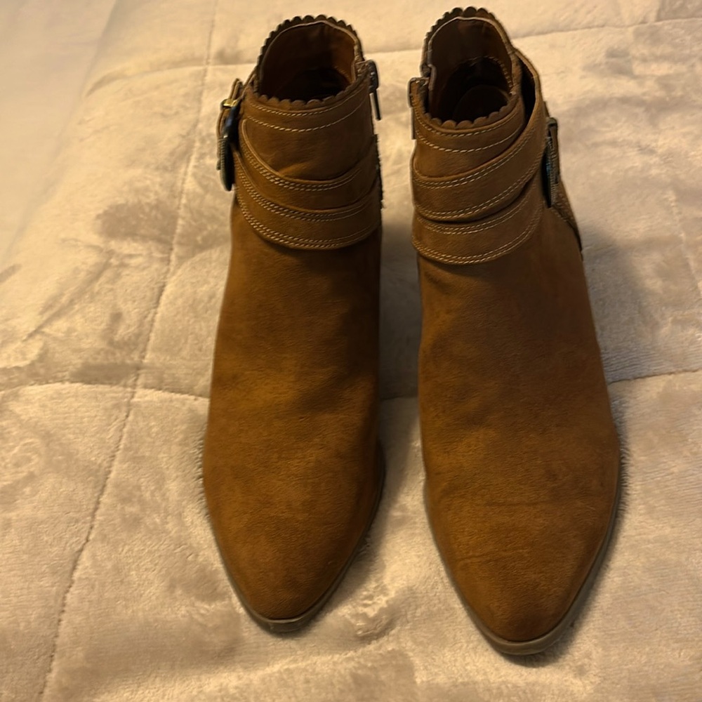 Cognac faux suede booties.